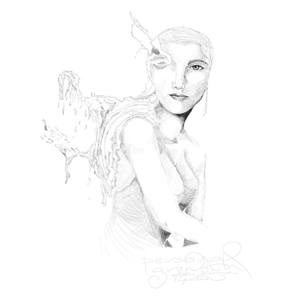 Digital ink portrait of a woman from the torso up. She has a surreal growth emerging from her back, neck, and part of her eye. She is dressed in a strapless party dress, has her hair cut to a very short pixies or grown out buzz cut, and has a piercing in each nostril.
